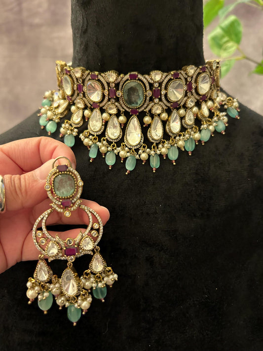 Sara Ali Khan inspired Doublet stone choker necklace set with Mossanite, polki American diamonds adjustable gold polished