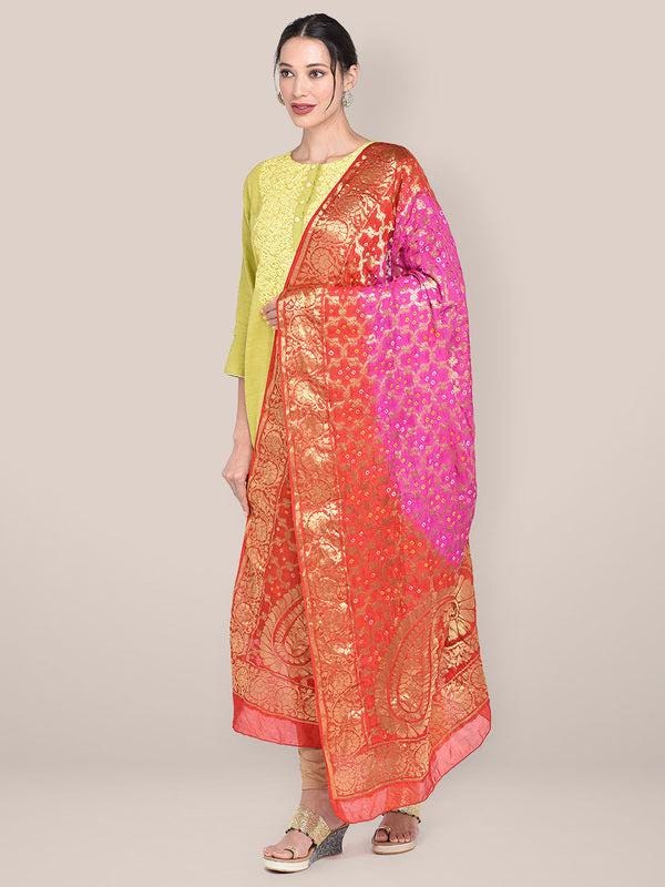 Pink & Red Banarasi Bandhej Gharchola Silk Dupatta