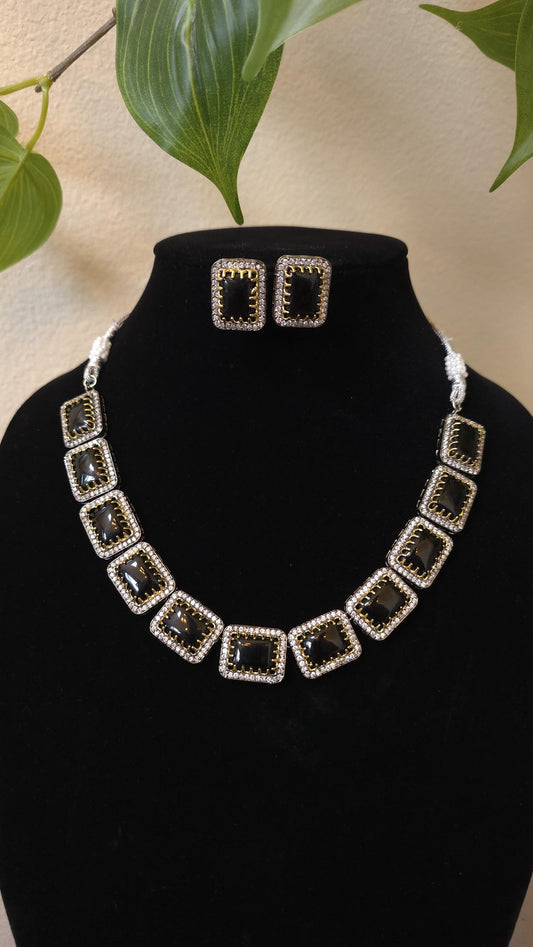Black onyx necklace set with american diamonds, adjustable gold polished