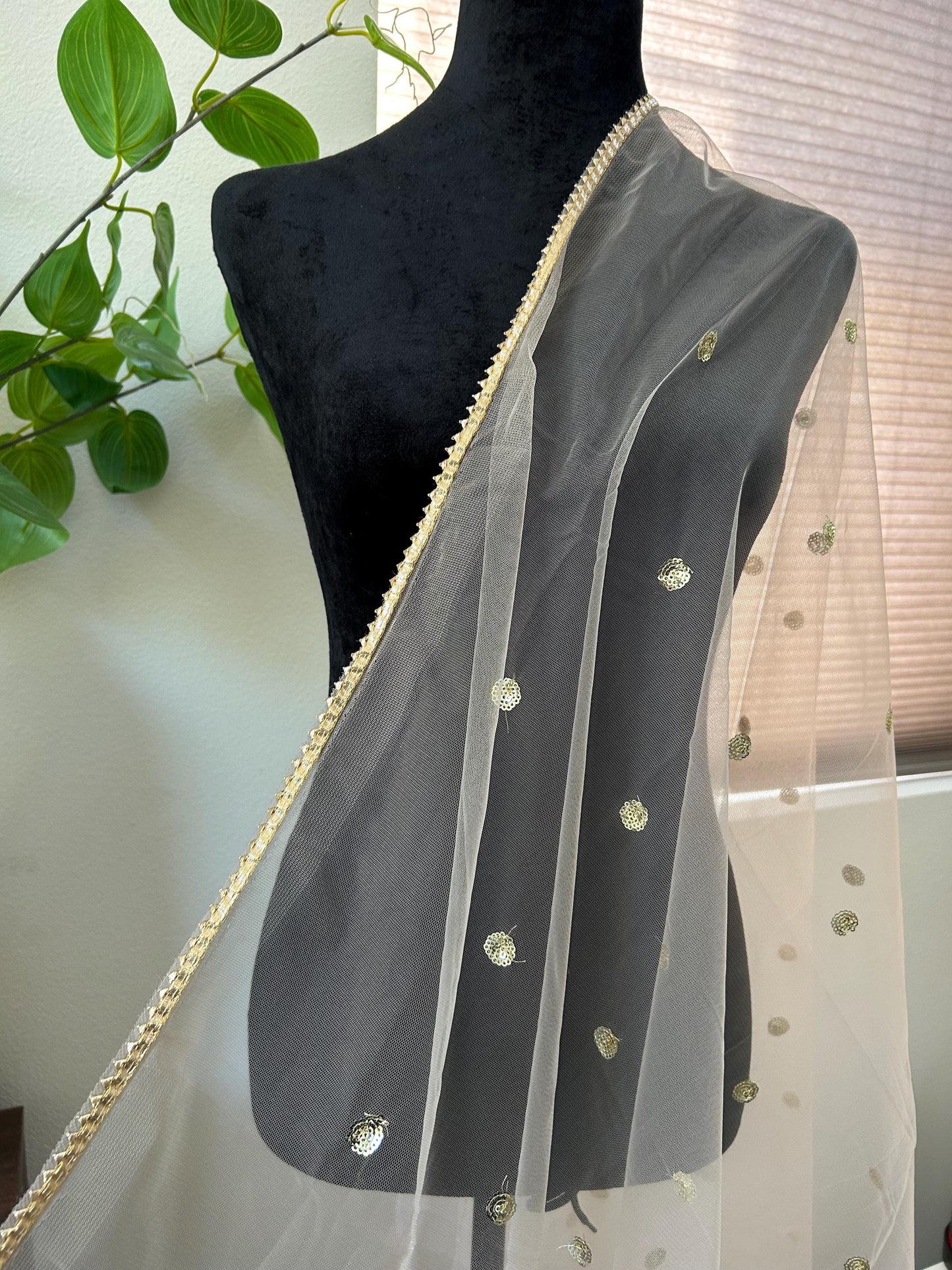 Net fabric Dupatta Stole with Gotta Patti Work delicate edge and sequin buttas work lightweight