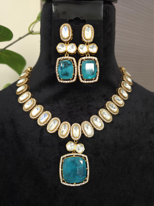 Doublet stone blue necklace set with Mossanite, American diamonds adjustable gold polished