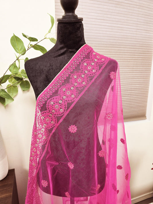 Jaal Embroidered Pink Net Dupatta golden trendy delicate shawl stole