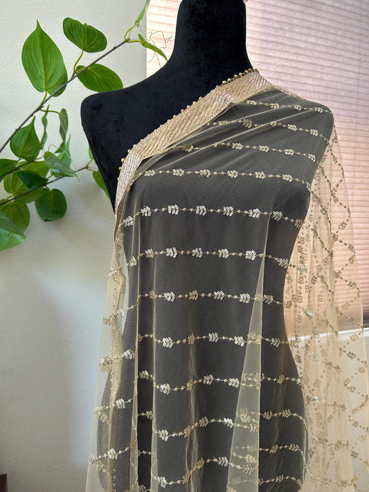 Embroidered Net fabric Dupatta Stole with lacework and sequin work lightweight gold color