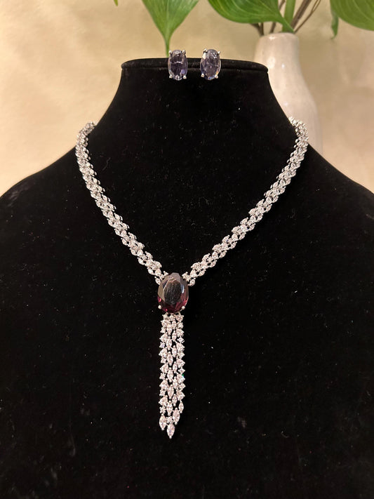 American Diamonds zirconia long necklace set purple stones