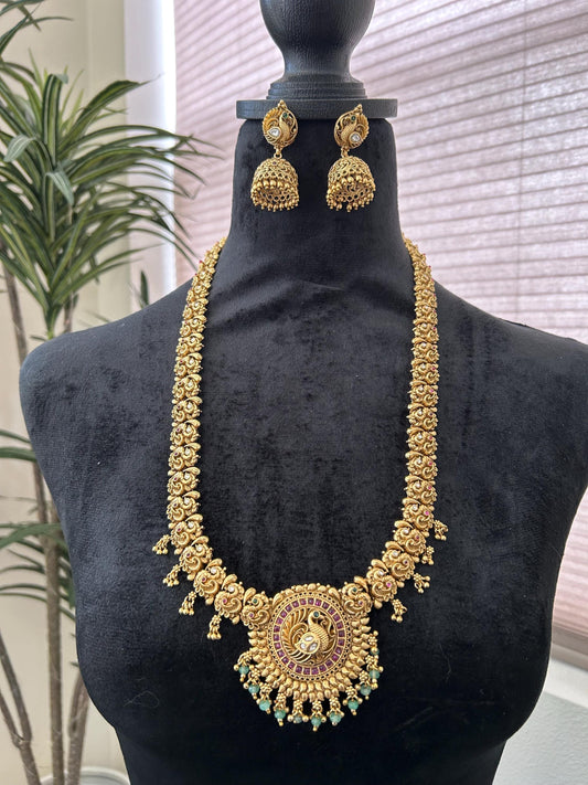 Premium long necklace kemp stone work, adjustable gold polished
