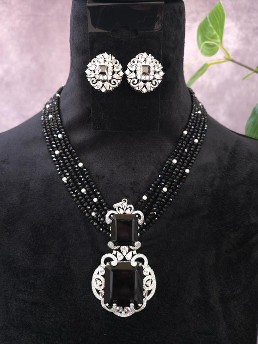 Black beads necklace set long,  Doublet stone pendant with American diamonds zirconia silver polished