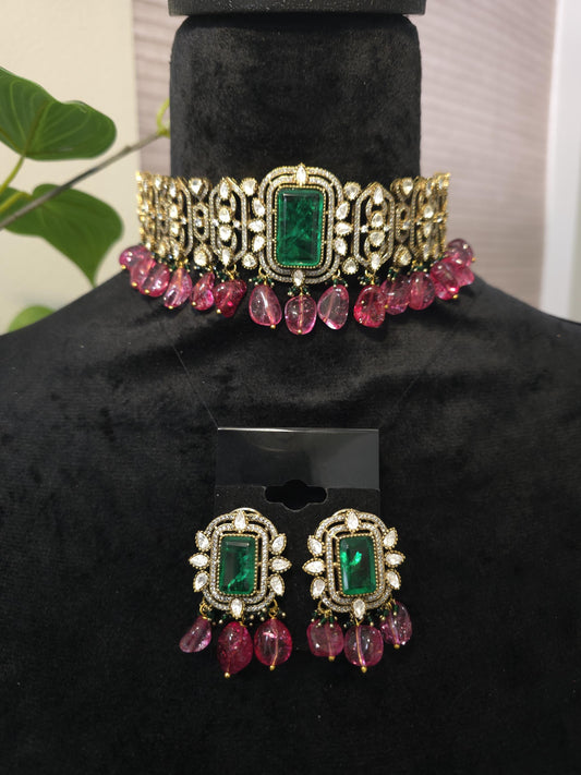Semiprecious stone choker necklace set with Mossanite, polki American diamonds adjustable gold polished