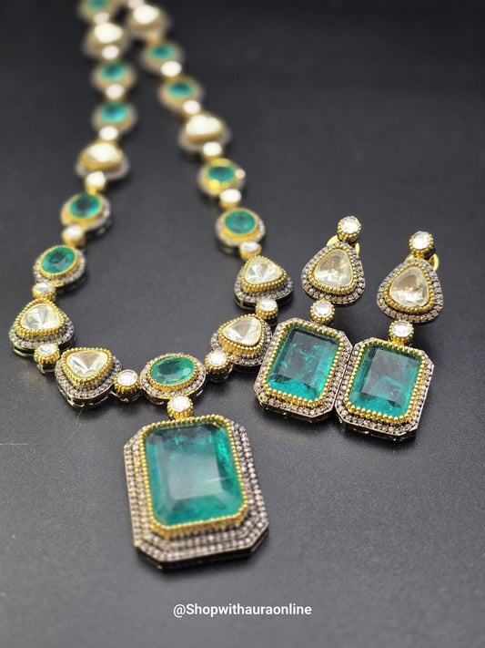 Doublet stone sea green necklace set with Mossanite, American diamonds adjustable gold polished