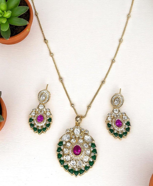 Mossanite, polki, American diamonds chain pendant necklace set adjustable gold polished