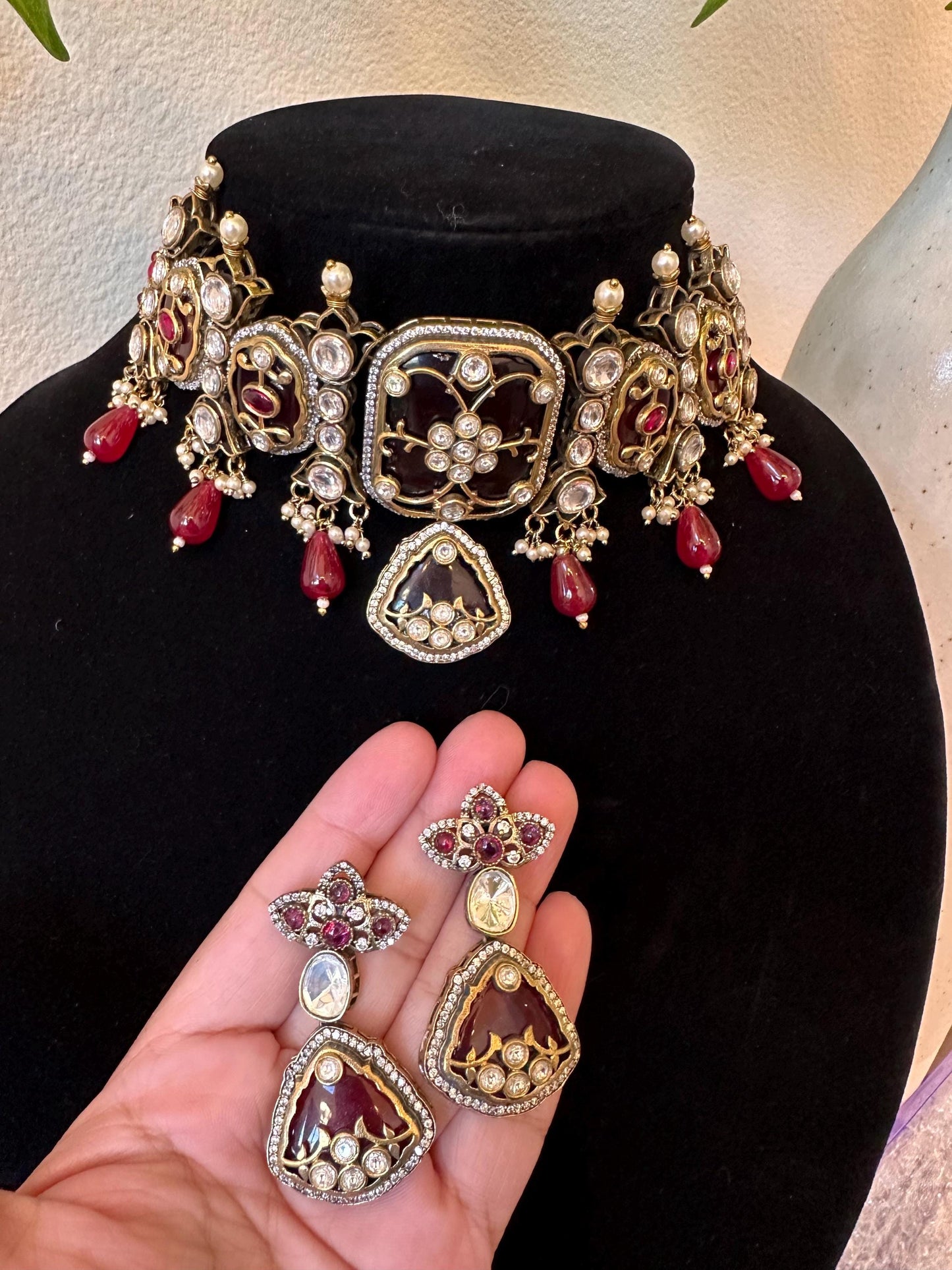 Red doublet stones choker necklace set with Mossanite, inlay work and pearls work, adjustable gold polished