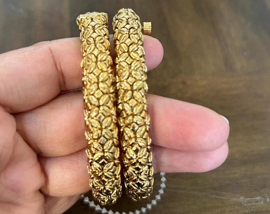 Gold polished bangles set of 2 antique finish openable