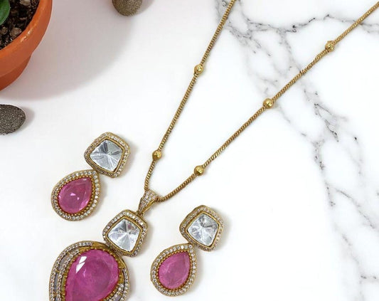 Mossanite, polki, American diamonds chain pendant necklace set adjustable gold polished