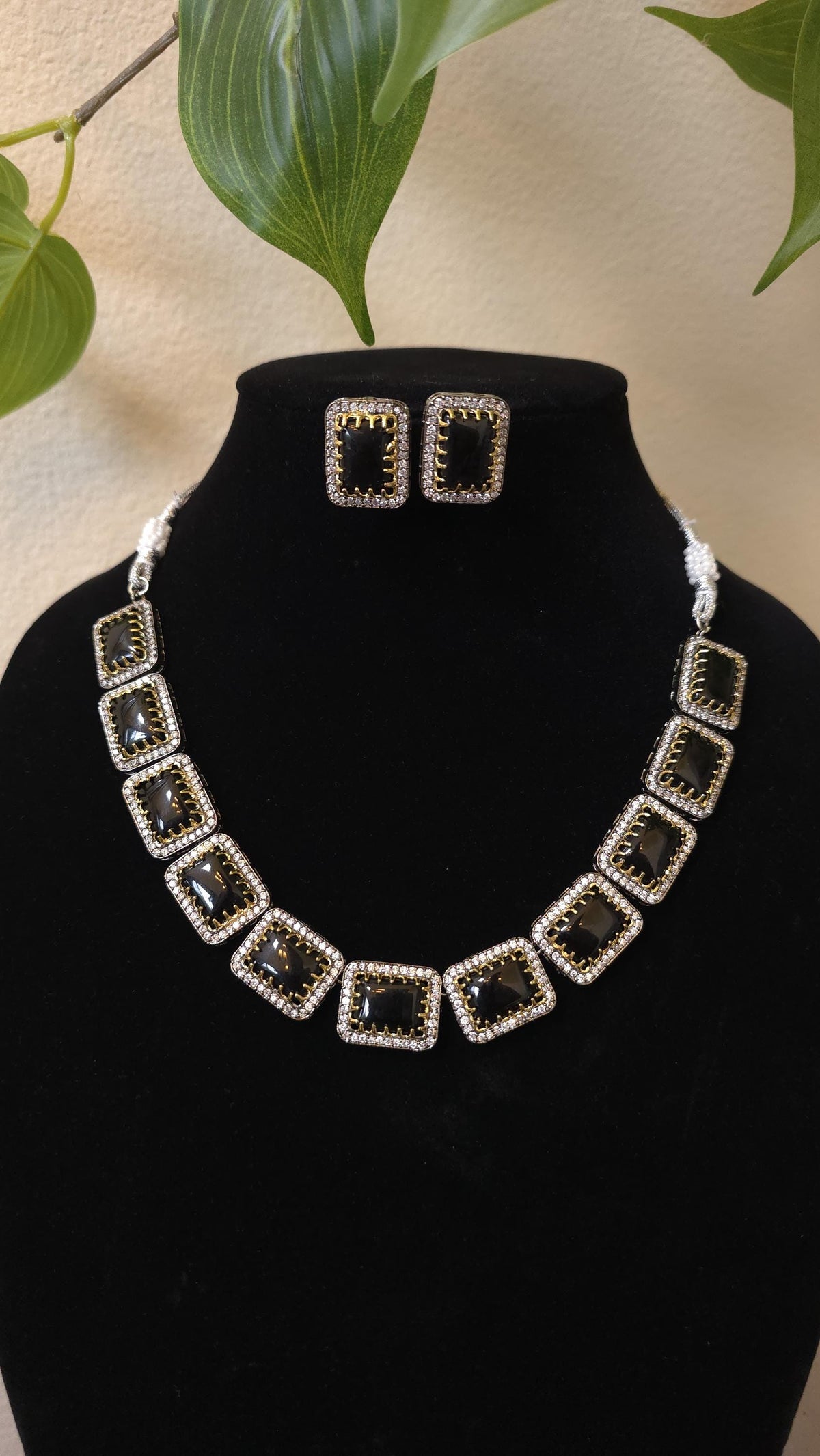 Black onyx necklace set with american diamonds, adjustable gold polished