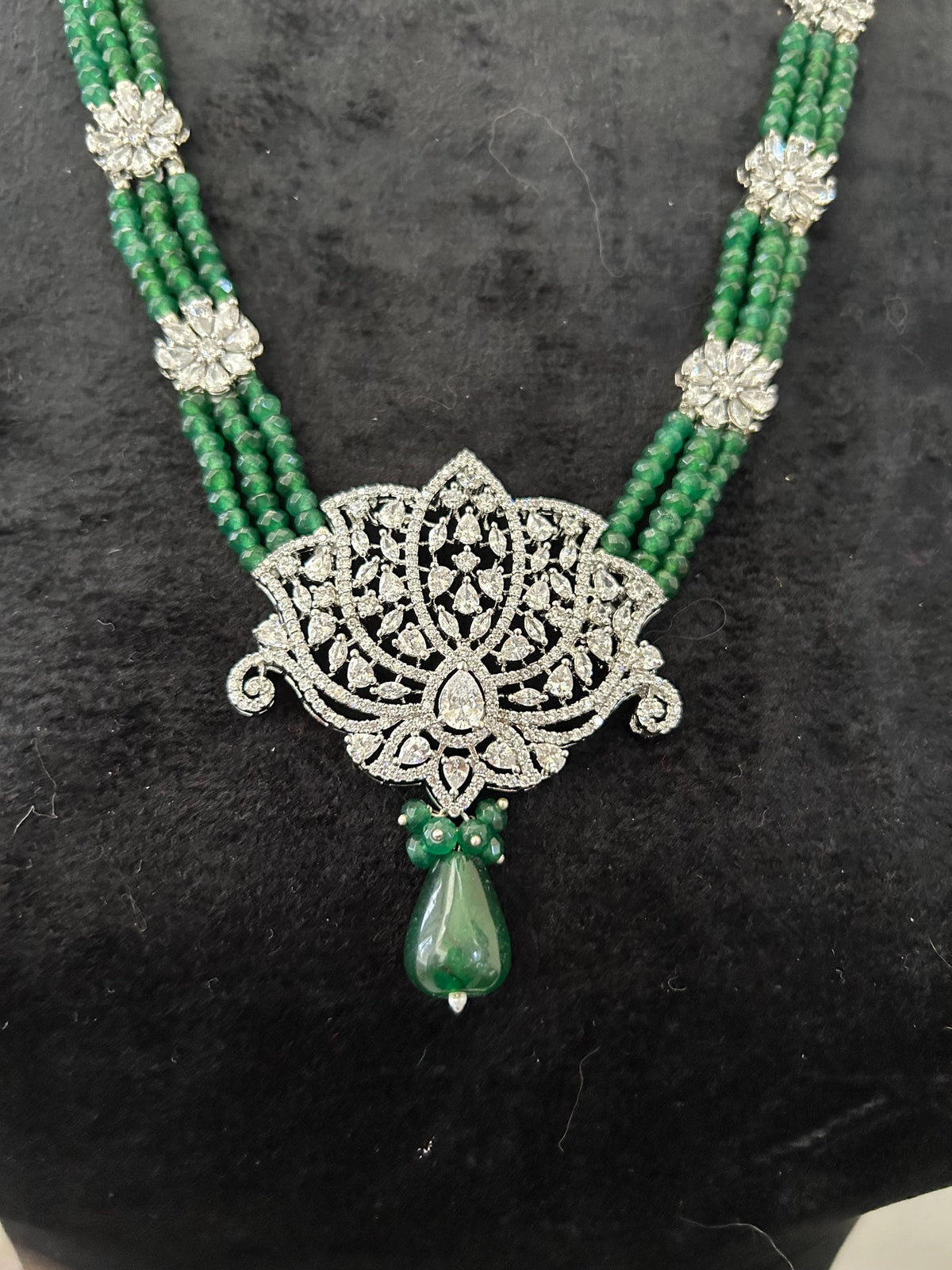 Emerald Bead Layered Necklace: Silver Lotus Design, Bollywood Style