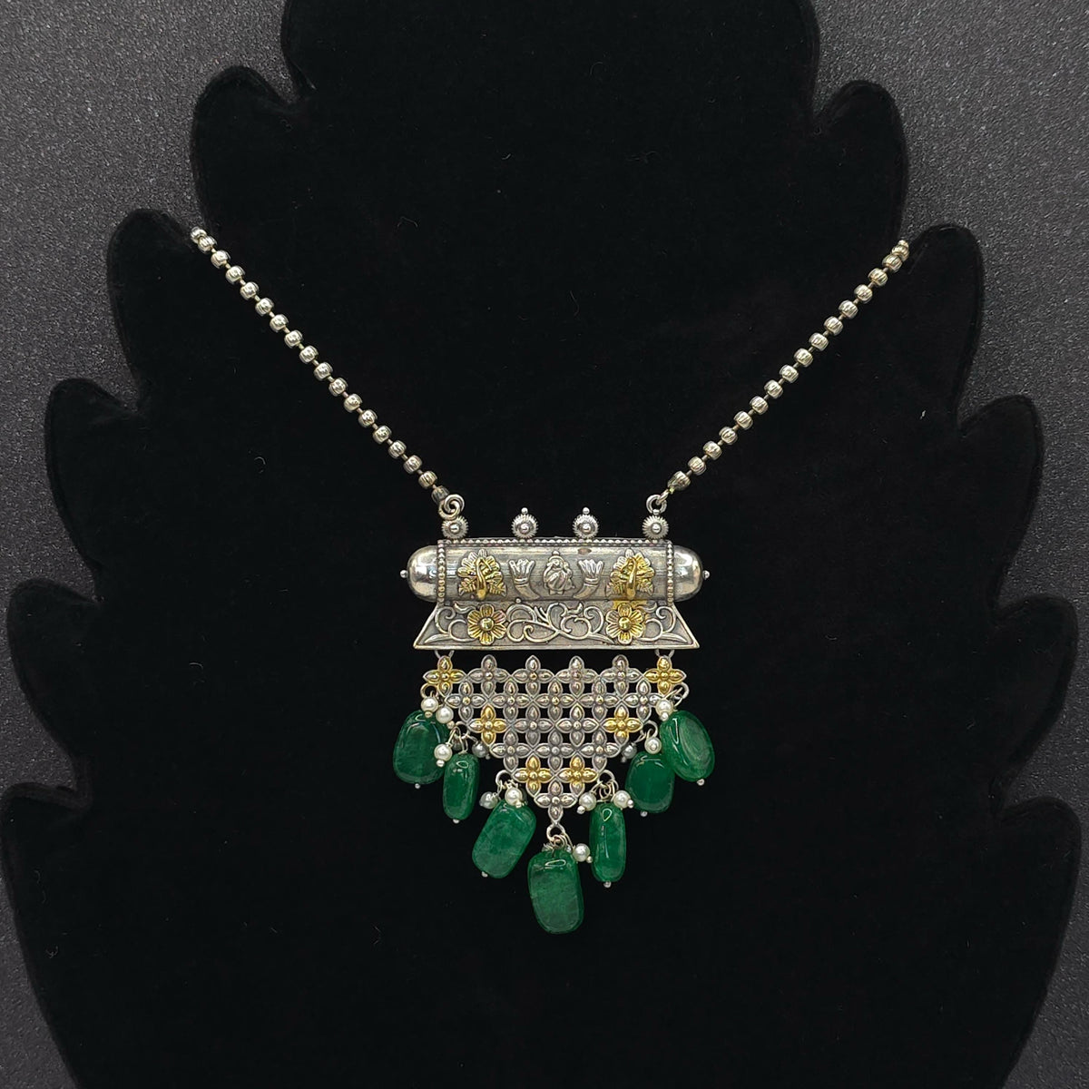 Oxidized necklace german gold and silver long green beads grey beads