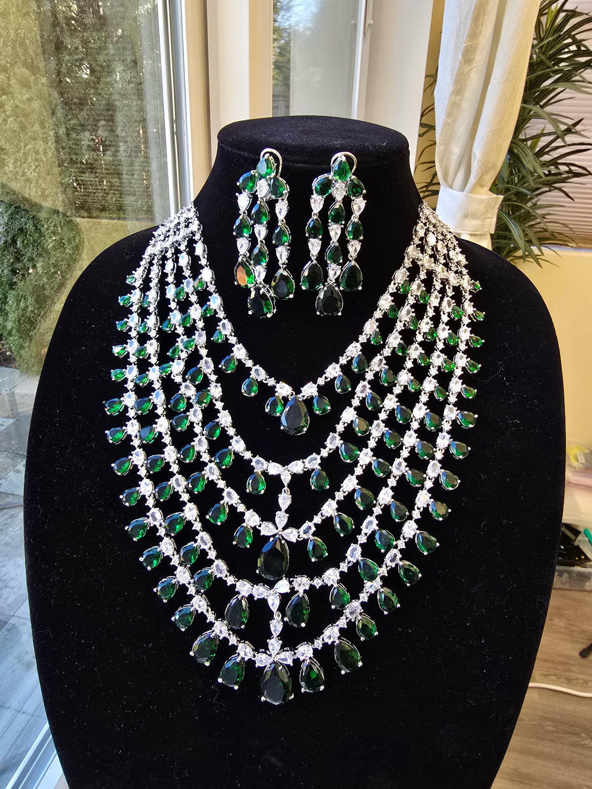 Layered American Diamond Necklace Set: Bollywood Style Silver Jewelry