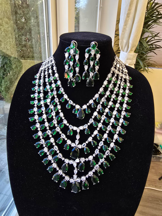 Layered American Diamond Necklace Set: Bollywood Style Silver Jewelry