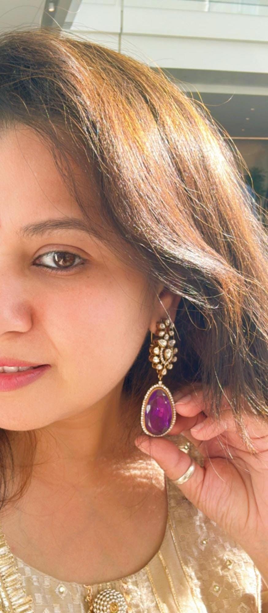 Polki Long Dangle Earrings: American Diamond Doublet Stone