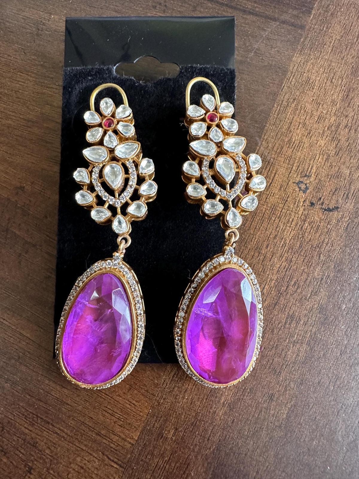Polki Long Dangle Earrings: American Diamond Doublet Stone