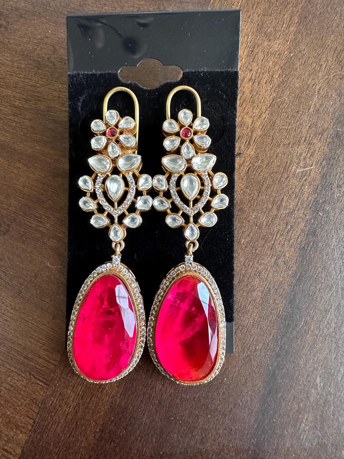 Polki Long Dangle Earrings: American Diamond Doublet Stone