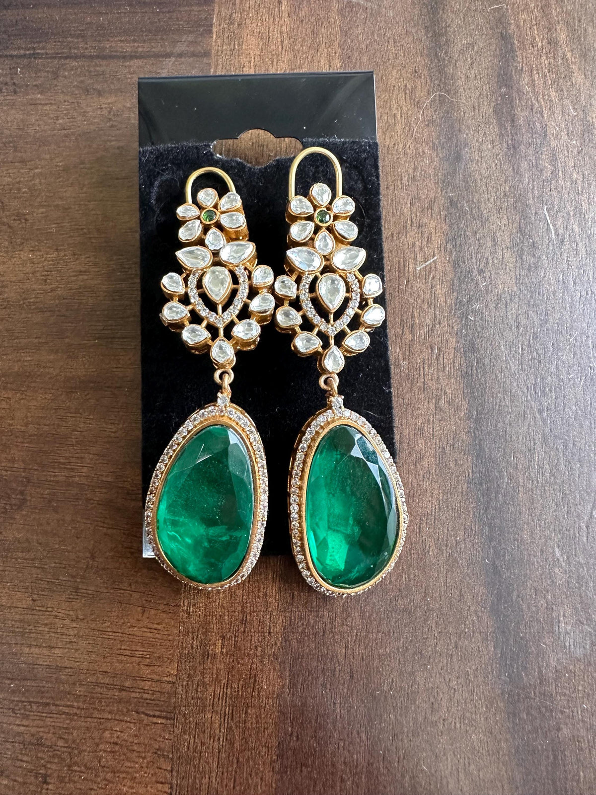 Polki Long Dangle Earrings: American Diamond Doublet Stone