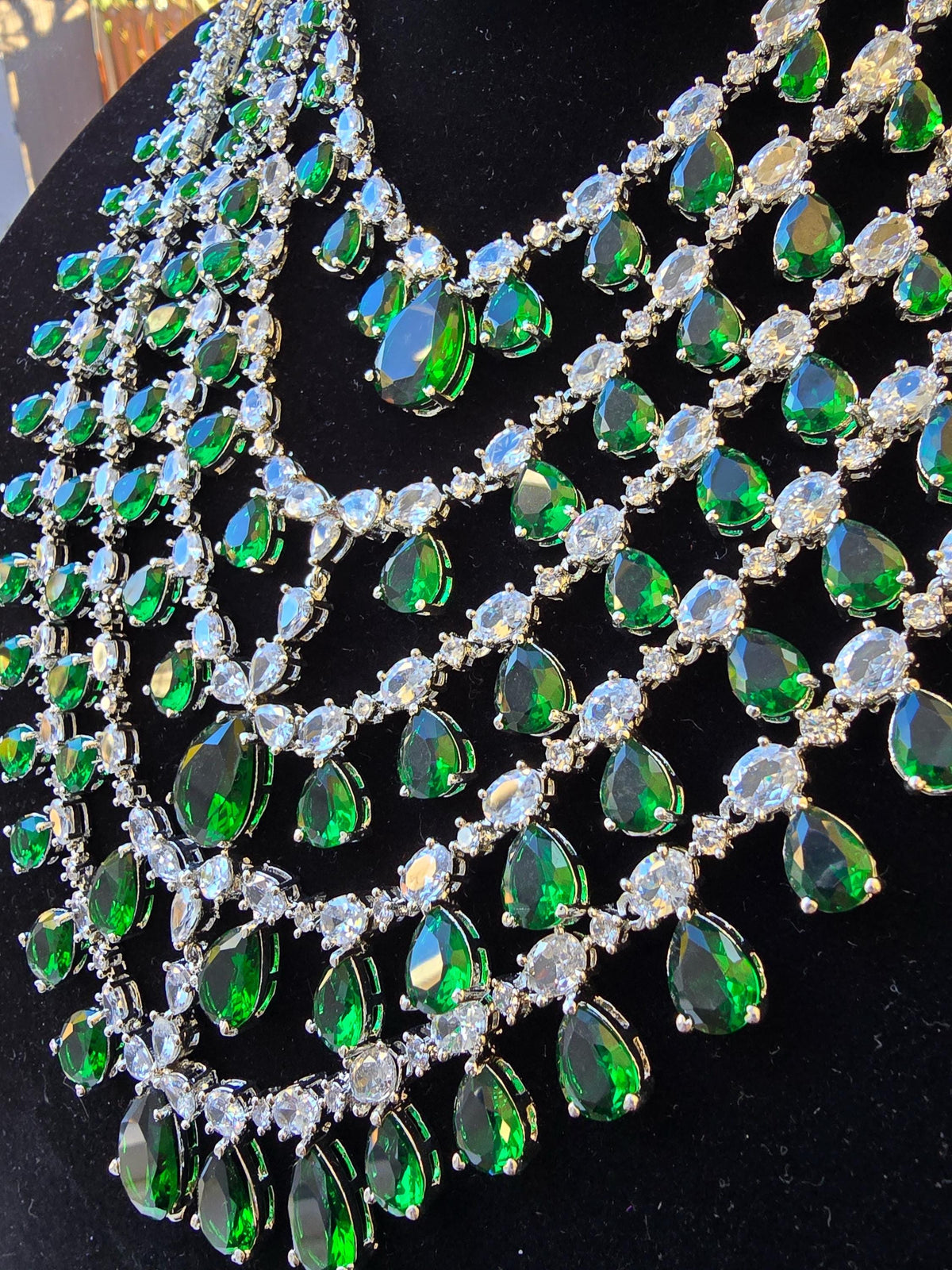 Layered American Diamond Necklace Set: Bollywood Style Silver Jewelry