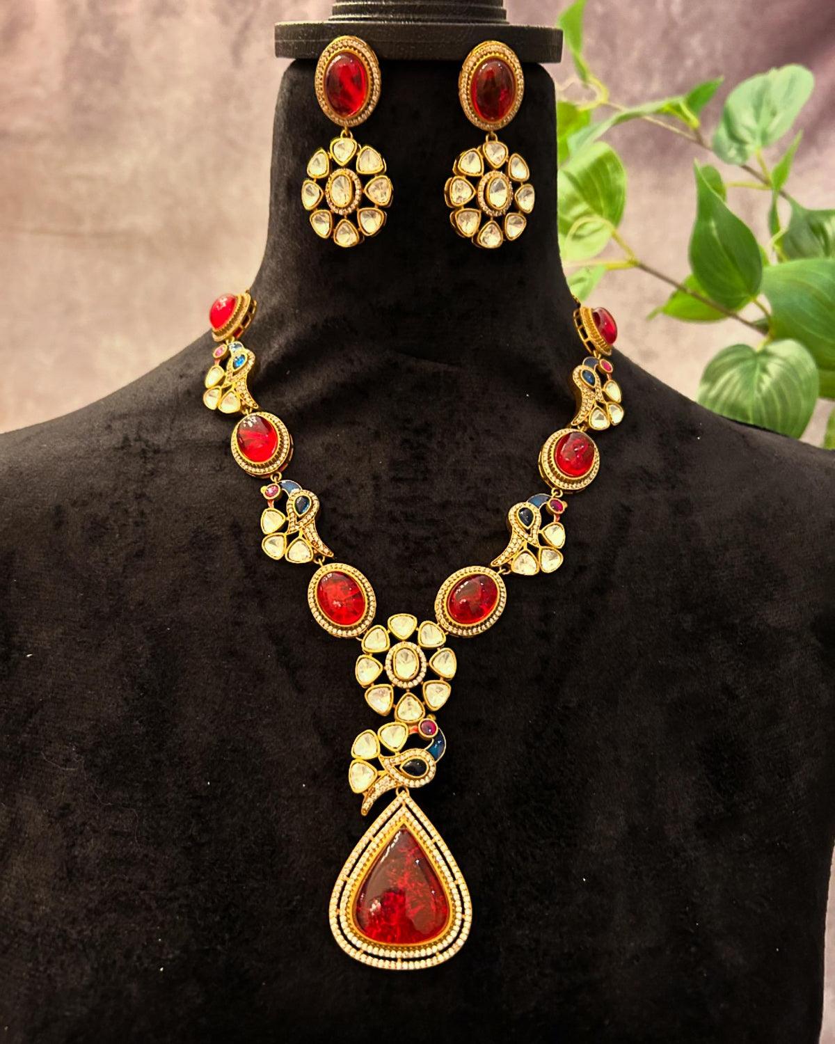 Red stones long necklace set with peacock design, Polki american diamonds, adjustable gold polished