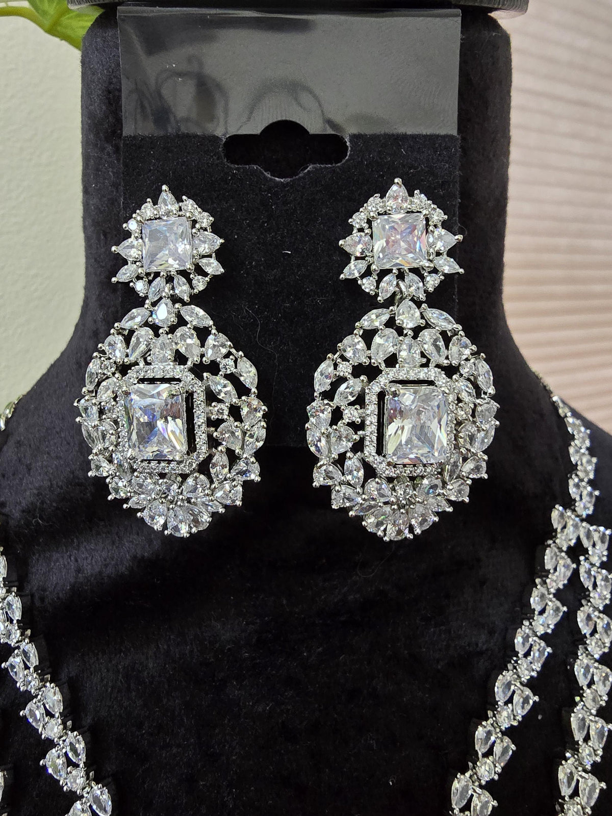 American diamonds long layered necklace set adjustable silver polished