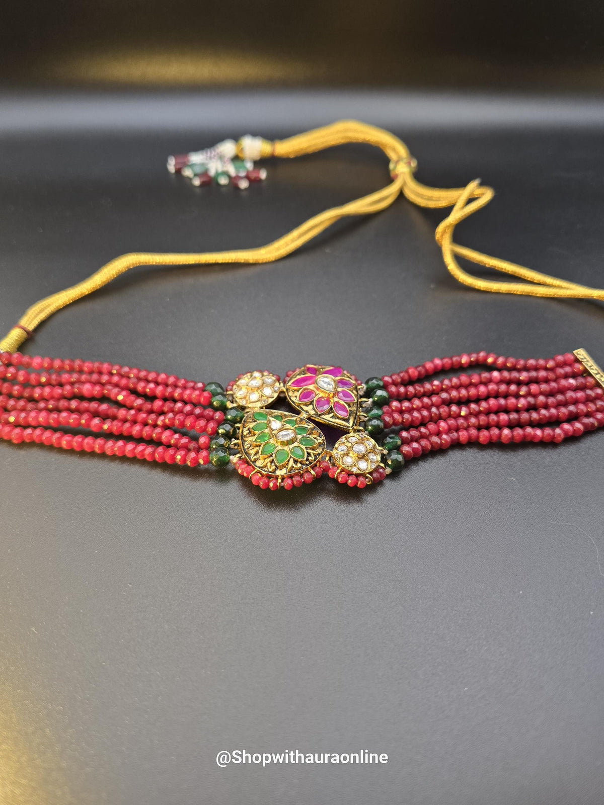 Red Choker Necklace Set: Jadau Polki, Gold Polished, Bollywood Style