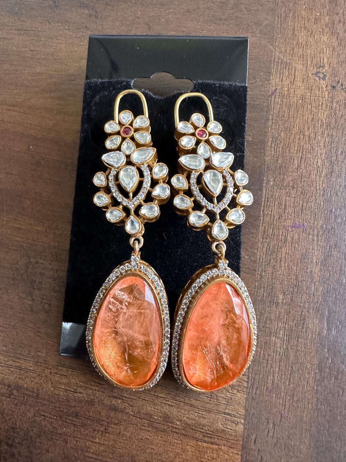 Polki Long Dangle Earrings: American Diamond Doublet Stone