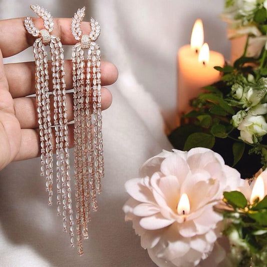 American Diamond Long Dangle Earrings: Light Green Alloy Fashion Jewelry 6 inch long