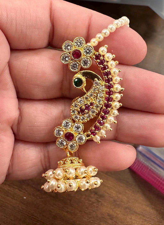 Gold and pearls ear cuff jhumka earrings with american diamonds peacock design gold polished, kaan chain earrings trendy light weight