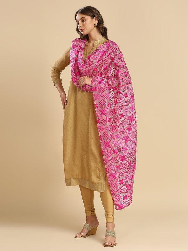 Women's Embroidered Organza Dupatta with Red Phulkari Embroidery stole