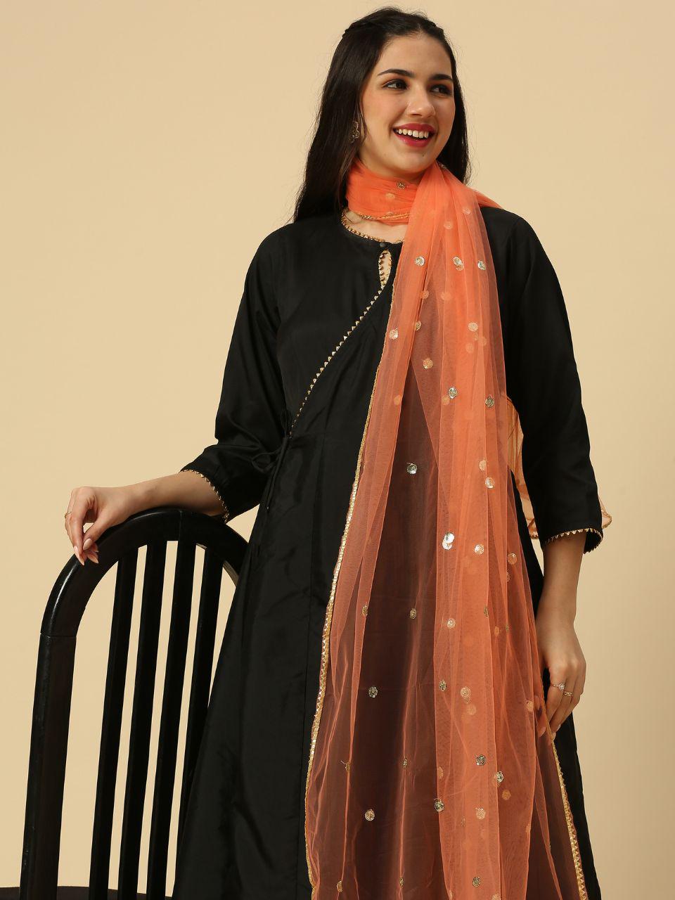 Sequin Embroidered Net Dupatta: Gold Border, Indian Wedding Stole