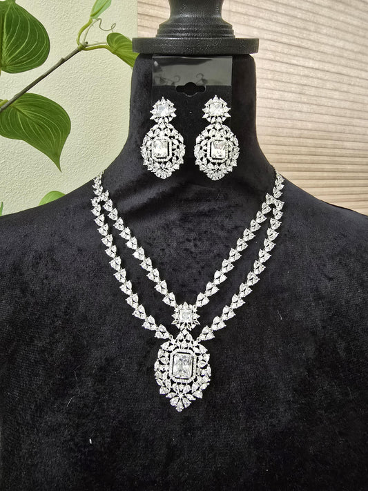 American diamonds long layered necklace set adjustable silver polished