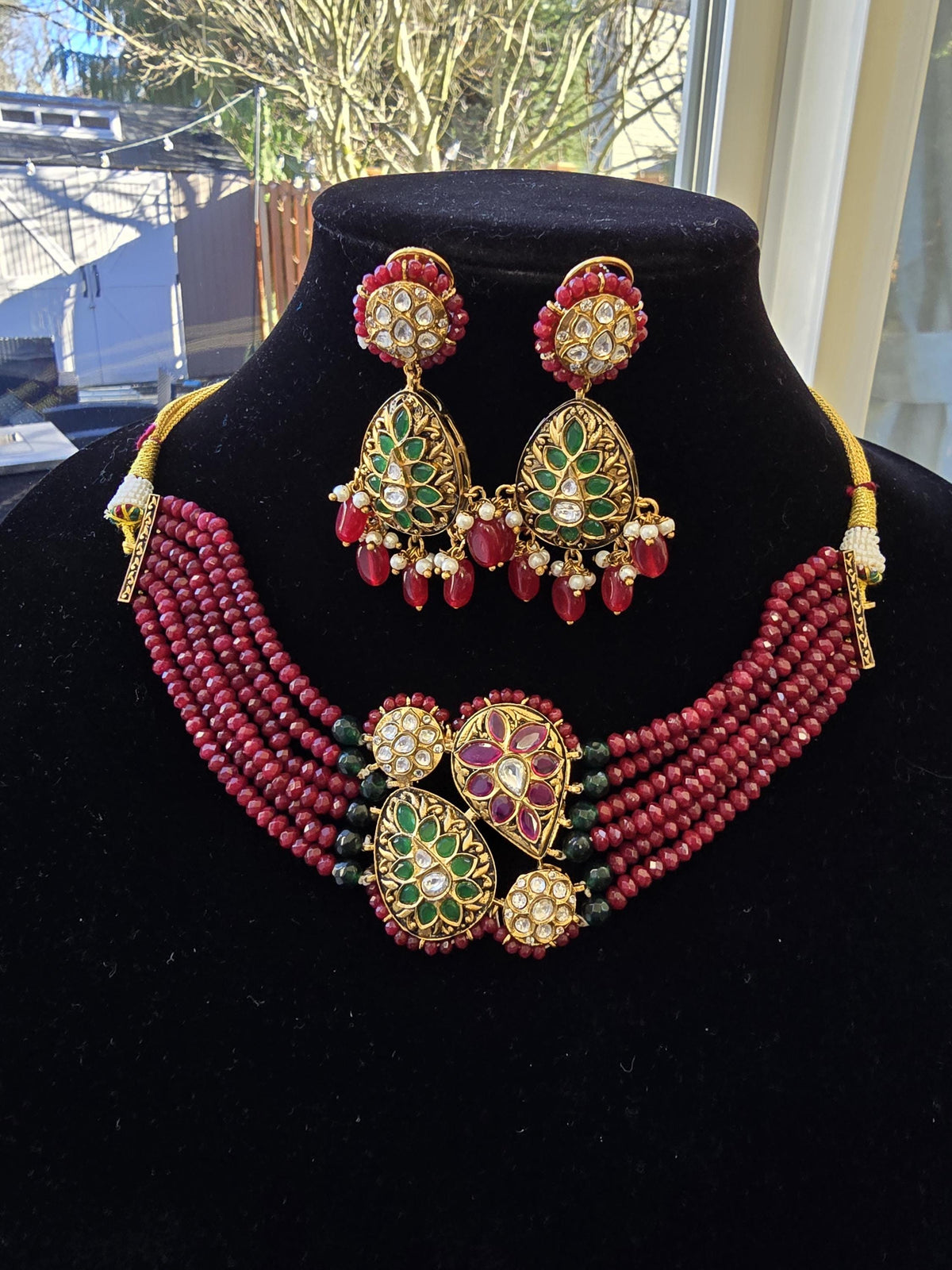 Red Choker Necklace Set: Jadau Polki, Gold Polished, Bollywood Style