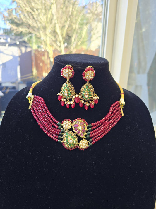 Red Choker Necklace Set: Jadau Polki, Gold Polished, Bollywood Style