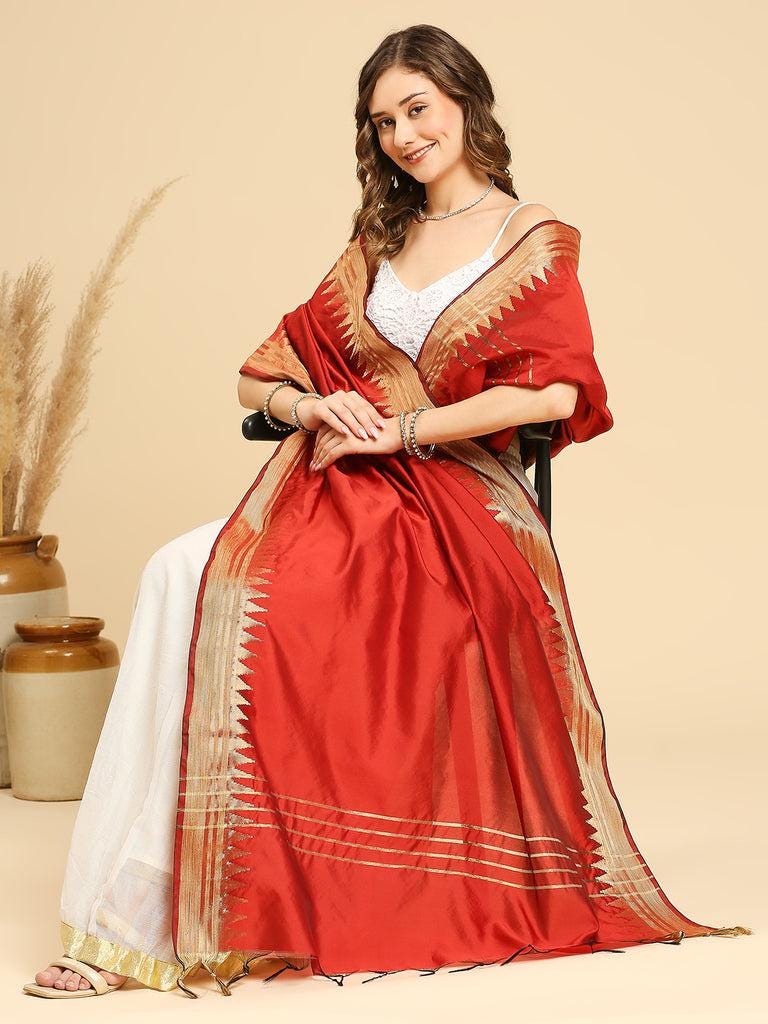 Banarasi Silk Dupatta with Temple Border Wine/Coral color stole