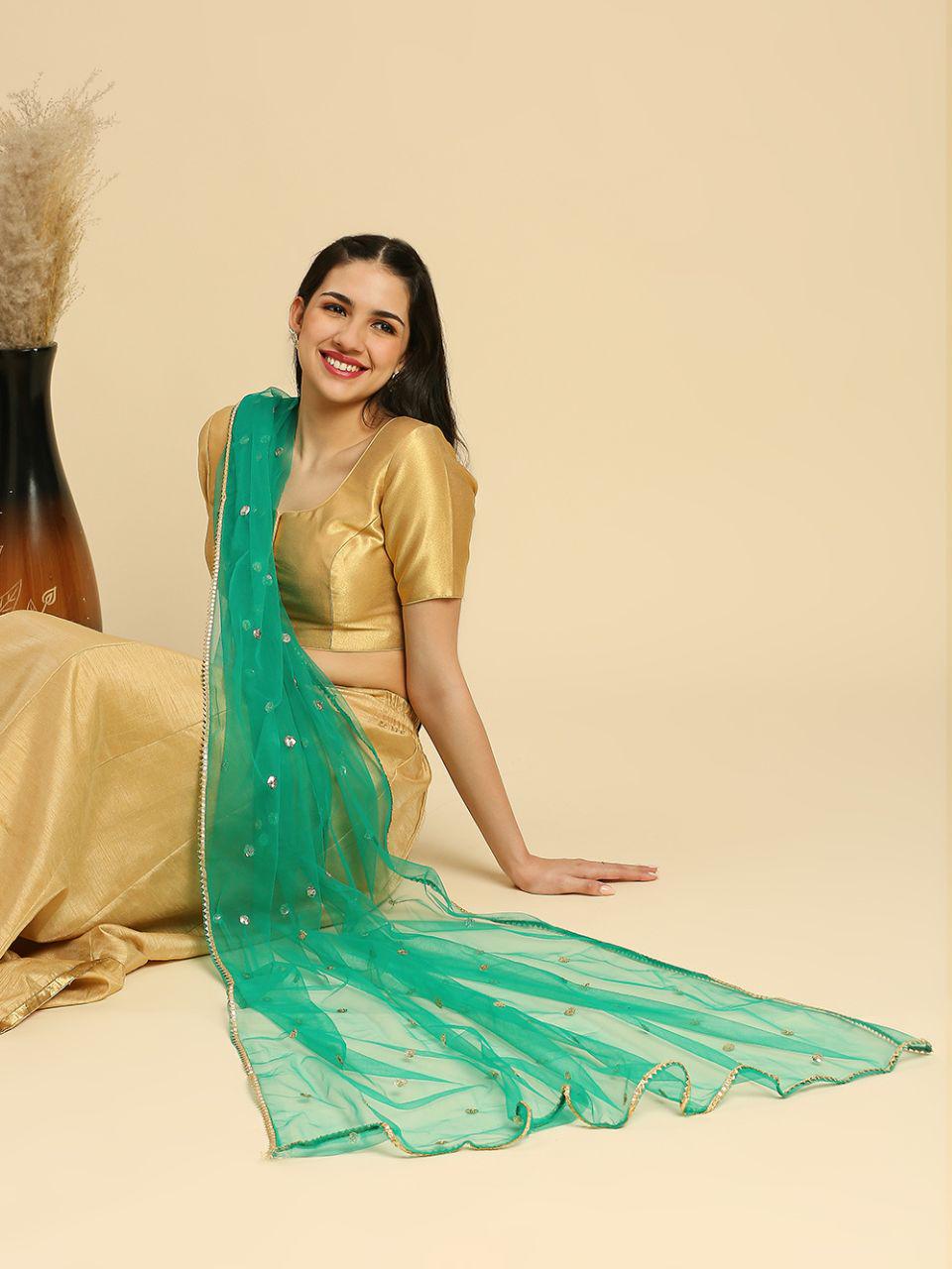 Sequin Embroidered Net Dupatta: Gold Border, Indian Wedding Stole