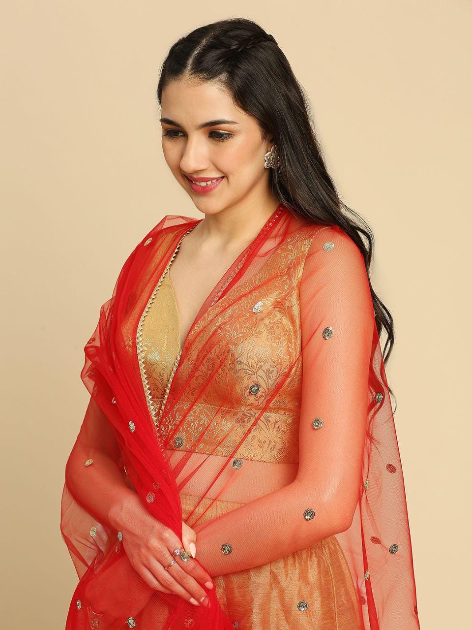 Sequin Embroidered Net Dupatta: Gold Border, Indian Wedding Stole