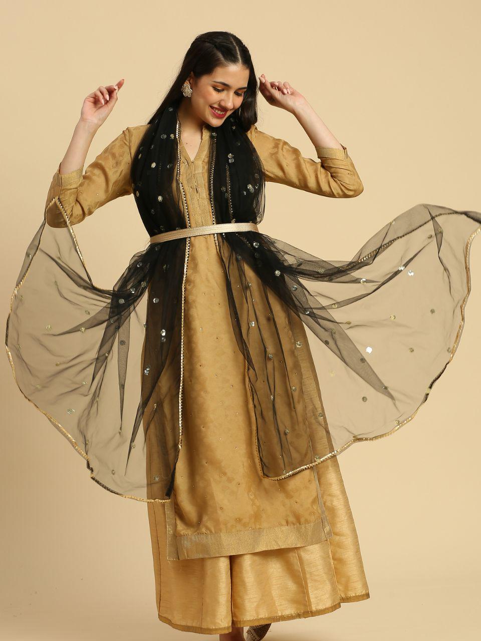 Sequin Embroidered Net Dupatta: Gold Border, Indian Wedding Stole