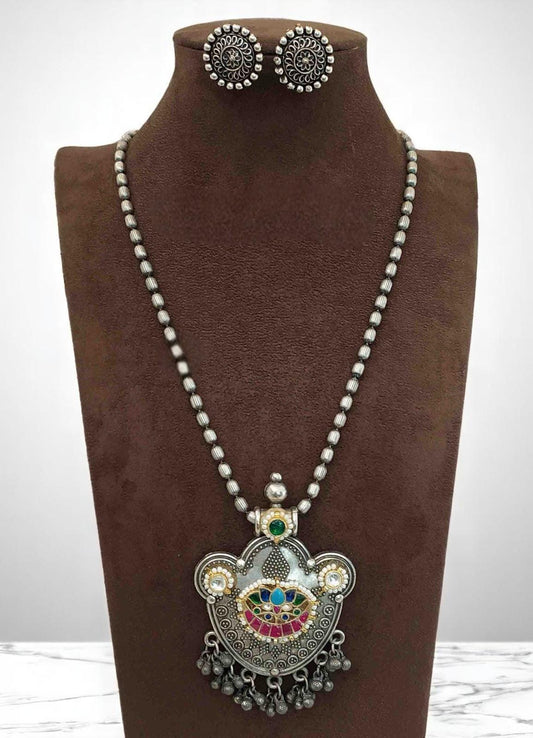 German silver pendant long necklace set with jadau