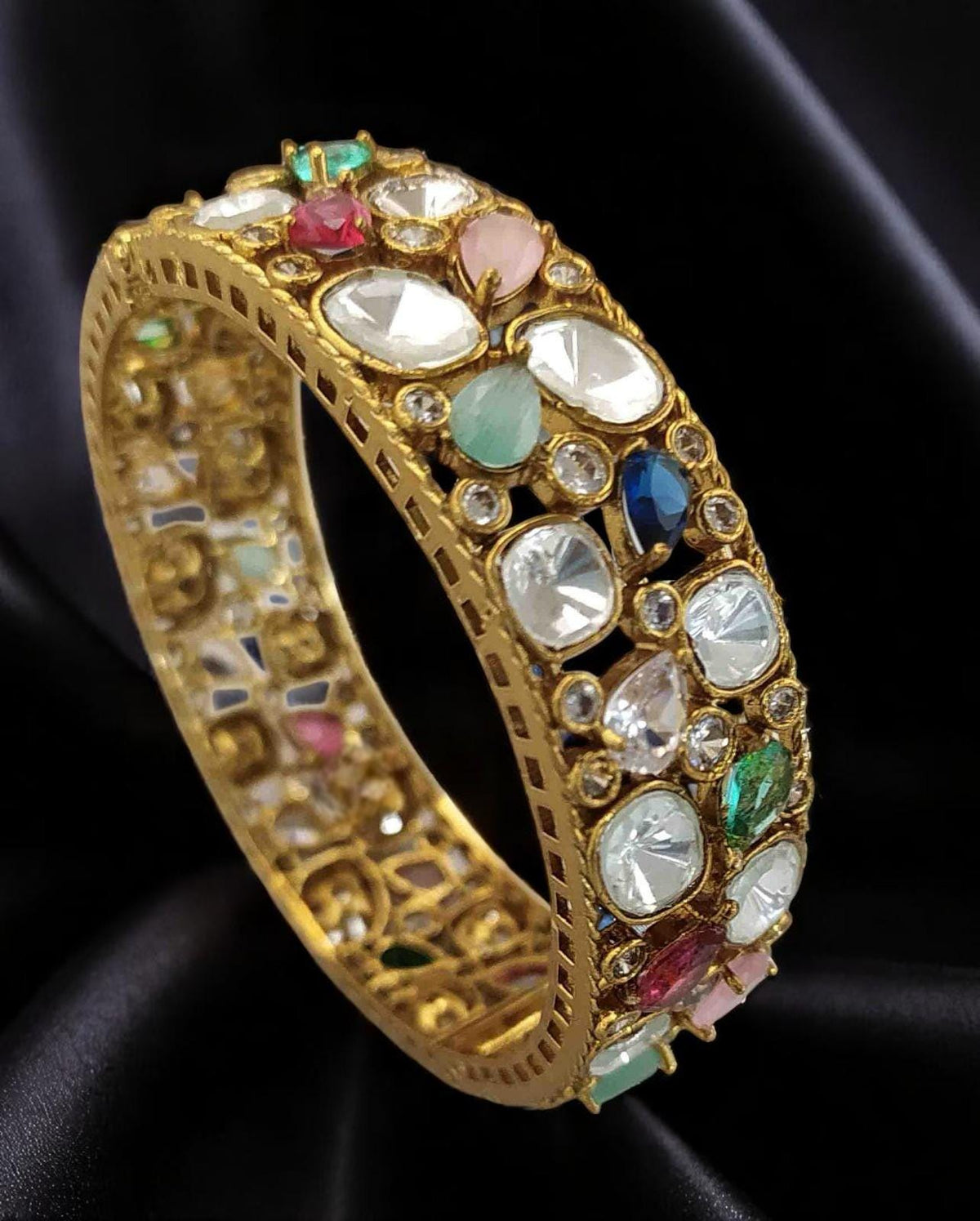 Polki and American diamonds kada bracelet gold polished
