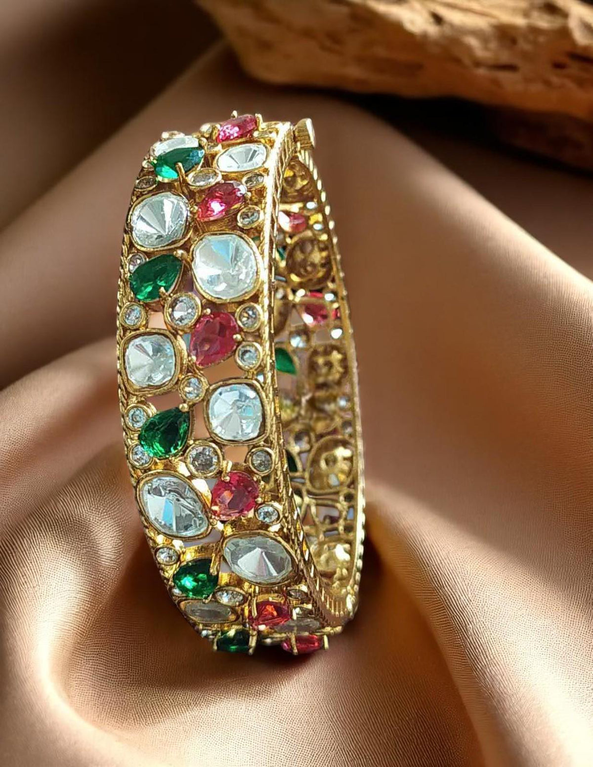 Polki and American diamonds kada bracelet gold polished