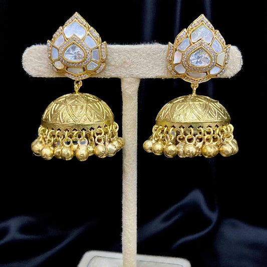 Jadau polki trendy lightweight german silver jhumkas earrings gold polished