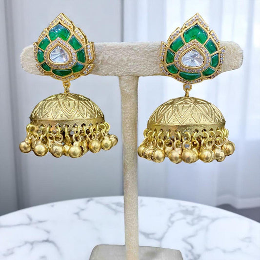 Jadau polki trendy lightweight german silver jhumkas earrings gold polished