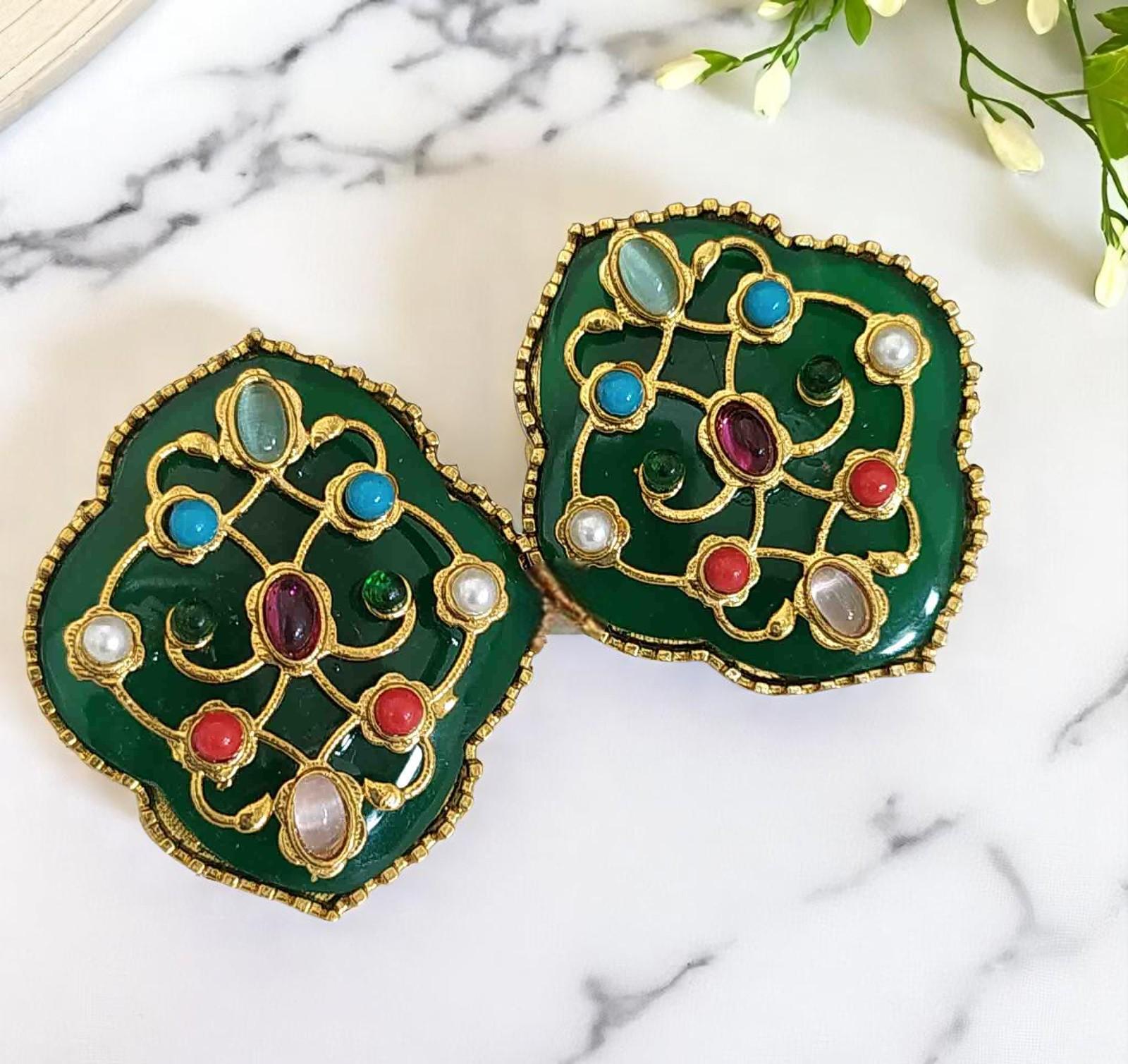 Big Stud earrings stone with inlay work and navratnas lightweight