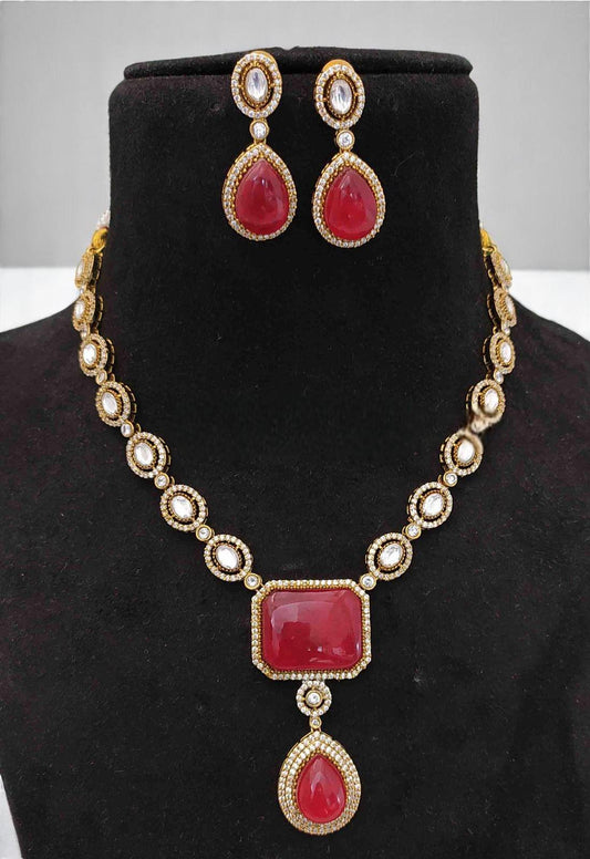 Polki doublet red stone and American diamonds necklace set trendy