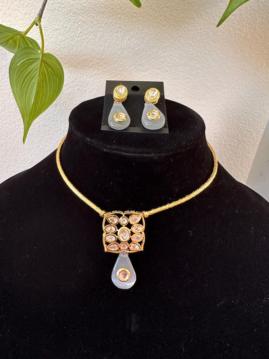 Mossanite, polki, American diamonds small delicate necklace set adjustable gold polished