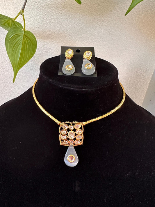 Mossanite, polki, American diamonds small delicate necklace set adjustable gold polished